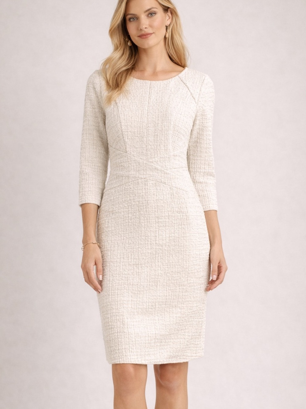 Elegant Cream Textured Midi Dress with Three-Quarter Sleeves